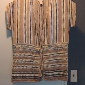 Chico's Striped Knit Open-Front Cardigan in Beige, Cream and Brown